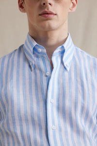 Button Down Linen Shirt in Bold Blue Stripes