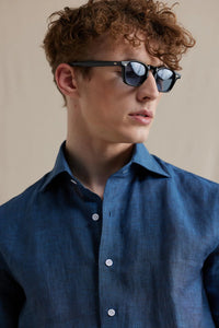 Spread Collar Linen Shirt in Dark Blue